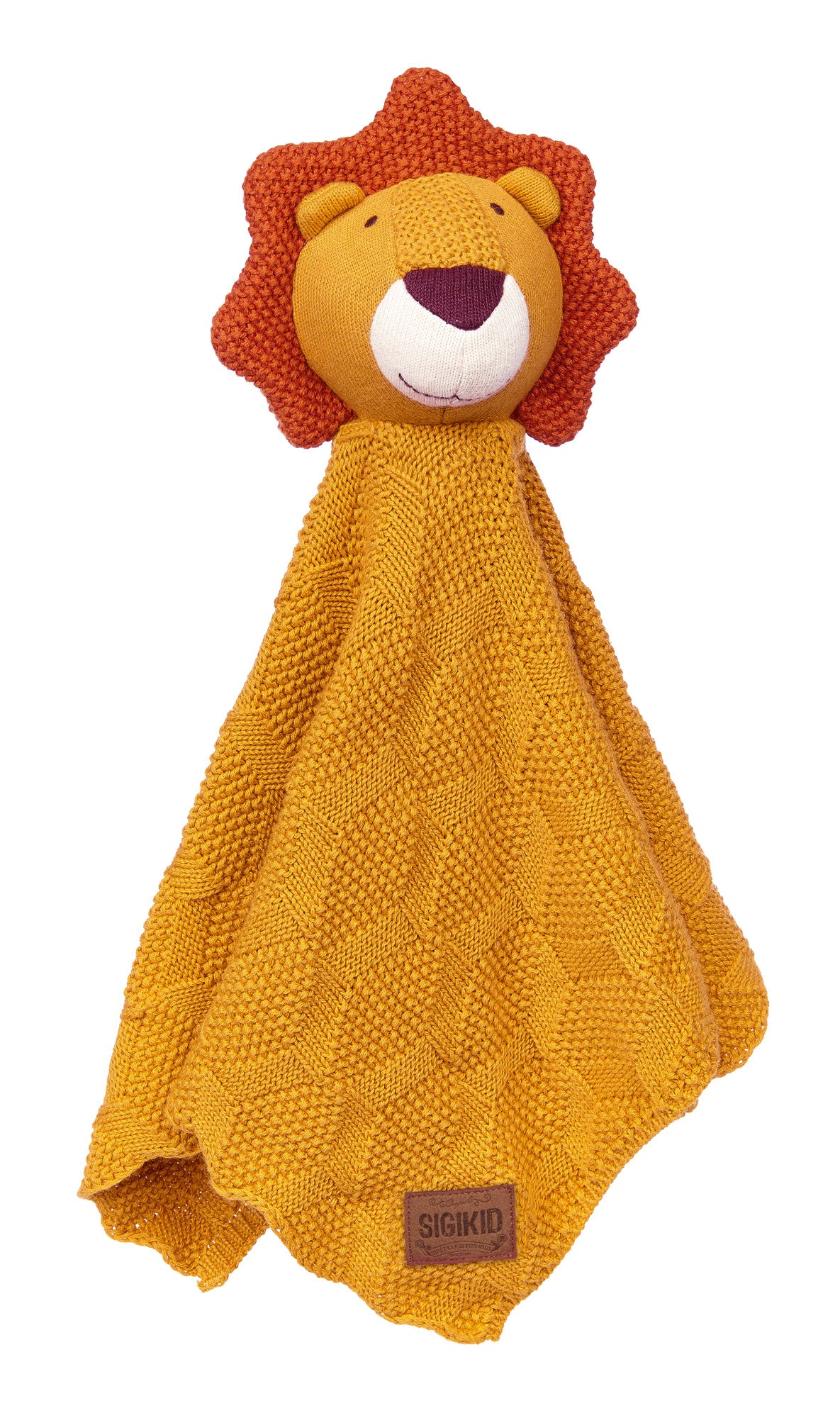 Dieser Löwe ist komplett aus reiner Baumwolle gestrickt, Augen und Mund aufgestickt, und seine fluffige Schmusedecke mit Patentstrickmuster. Innenmaterial 100% Polyester