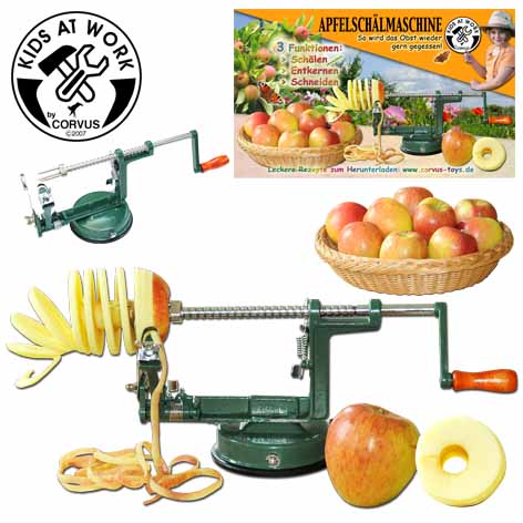 Apfelschälmaschine aus Metall mit Kurbel - zum kinderleichten Schälen, Entkernen und spiralförmigen Schneiden von Äpfeln.  So schmecken die Äpfel viel besser !